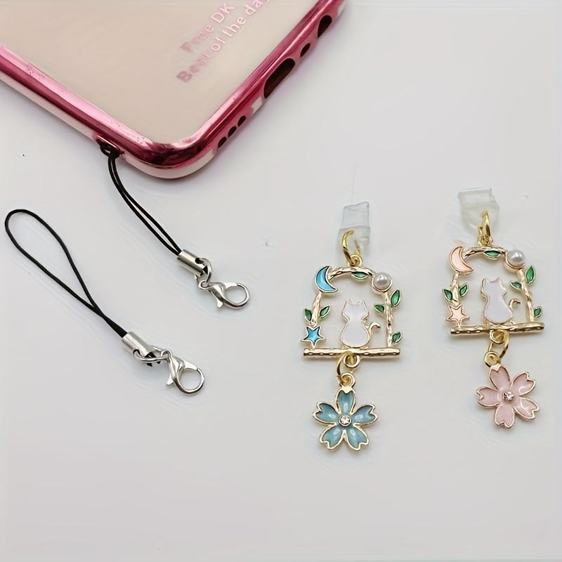 Mobile Phone Dust Plug, Metal Fashion Flowers & Cat Pendant Dust Plug - Decorate Your Phone! Send Rope