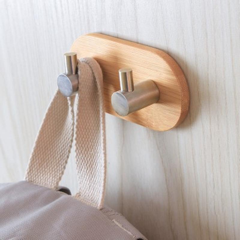 Natural Bamboo Stainless Steel Hook Wall Clothes Bag Headphone Key Hanger Kitchen Bathroom Door Towel Rustproof Shelf  WF