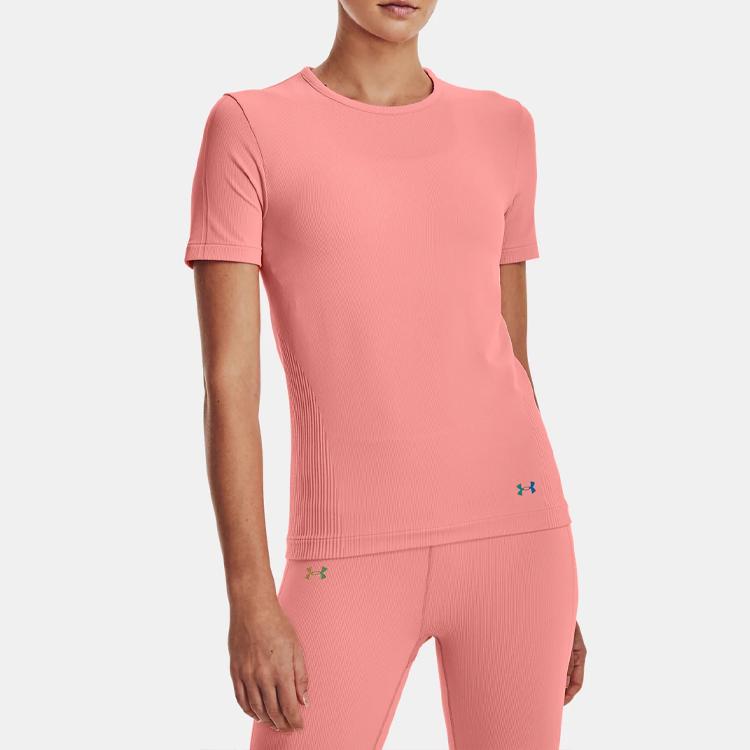 Under Armour Rush Series Solid Color Round Neck Short Sleeve T-Shirt Women Tops Victoria-Pink 1373929-603