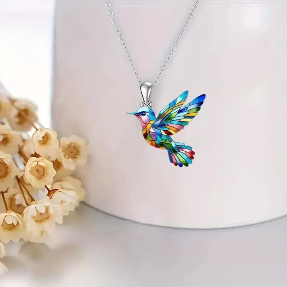 Colorful Rainbow Hummingbird Acrylic Bird Pendant Necklace for Men Women Nature Animal Casual Trendy Charm Jewelry Birthday Gift