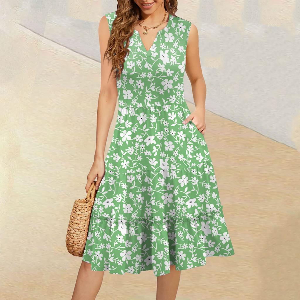 Dámské letní ležérní plisované šaty s volánky ve vintage květinovém stylu s výstřihem do V a bez rukávů