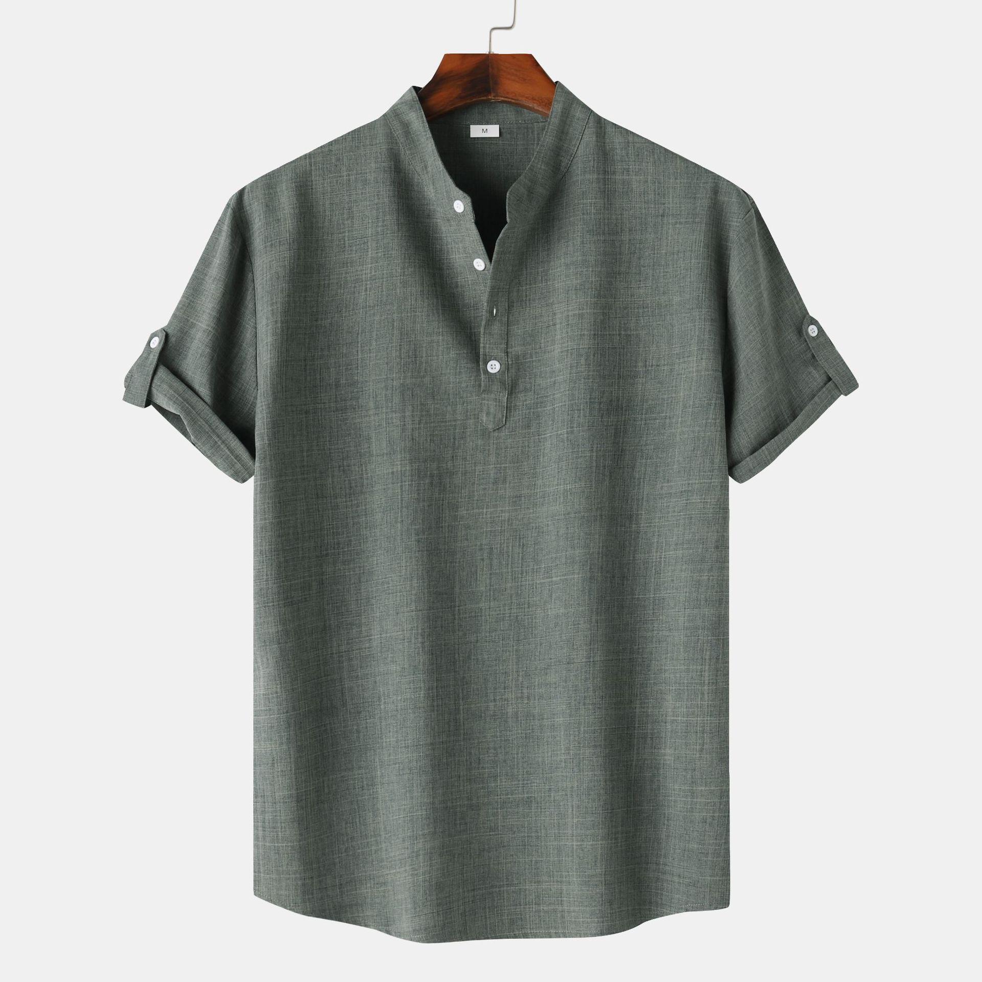 Men S Casual Solid Color Short Sleeve Linen Blend Shirt S зелёный