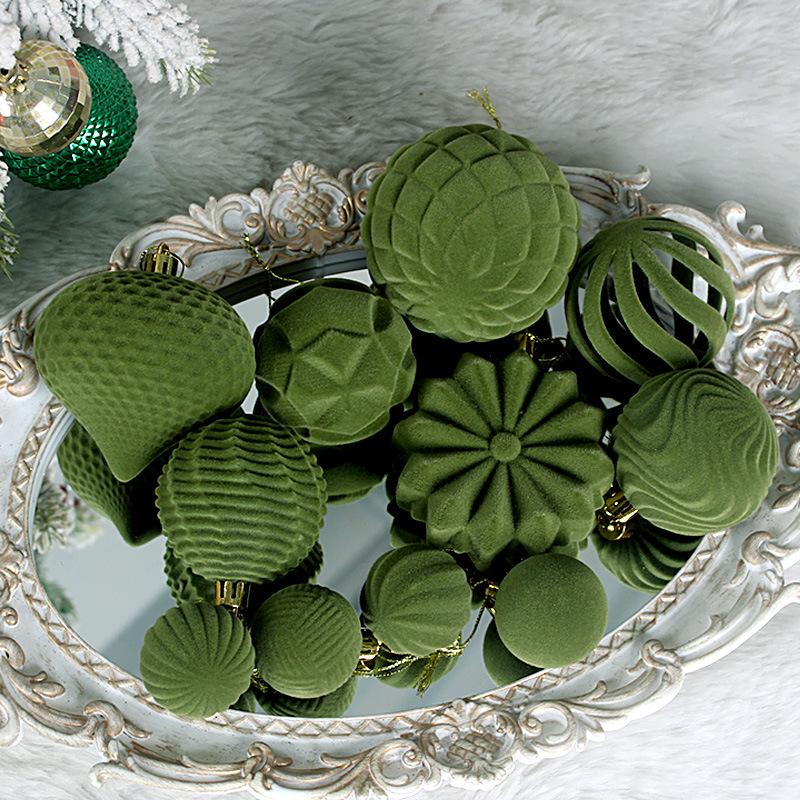 48-Piece Set: Flocked Christmas Balls in Army Green & Wine Red (4/6/8cm) Ornaments