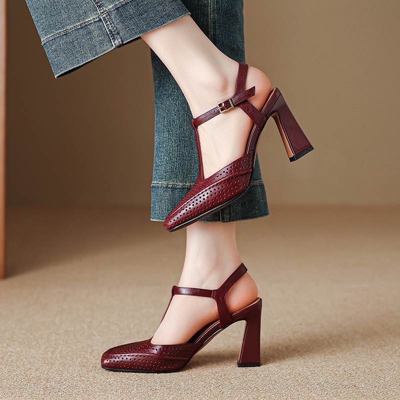 Krazing Pot Sheepskin Square Toe Size 41 High Heels Hollow Out Decoration Super High Heels Breathable Autumn Pumps