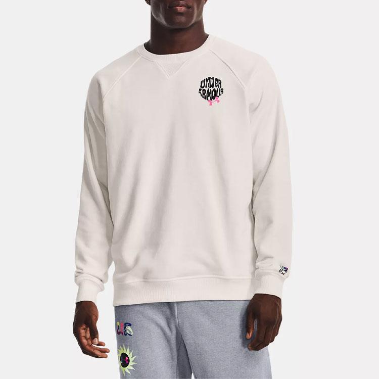Under Armour Solid Color Letter Print Crew Neck Pullover Sweatshirt Men Tops Agate-White 1373837-112