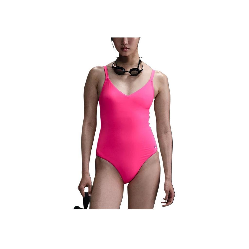 Nike Essentialist Swoosh V-Neck Solid Color Comfortable One-Piece Swimsuit Women swimsuit Bright-Pink NESSF232-678