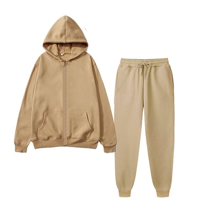 Womens Fleece Hooded Zip Tracksuit Loose Fit Solid Color Sportswear Set