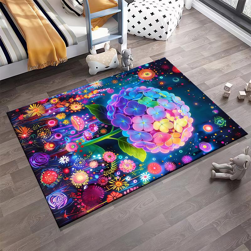 Colorful Floral Carpet with Neon Rainbow Hydrangea and Flowers Suitable for use as an anti-slip for living room bedroom sofas