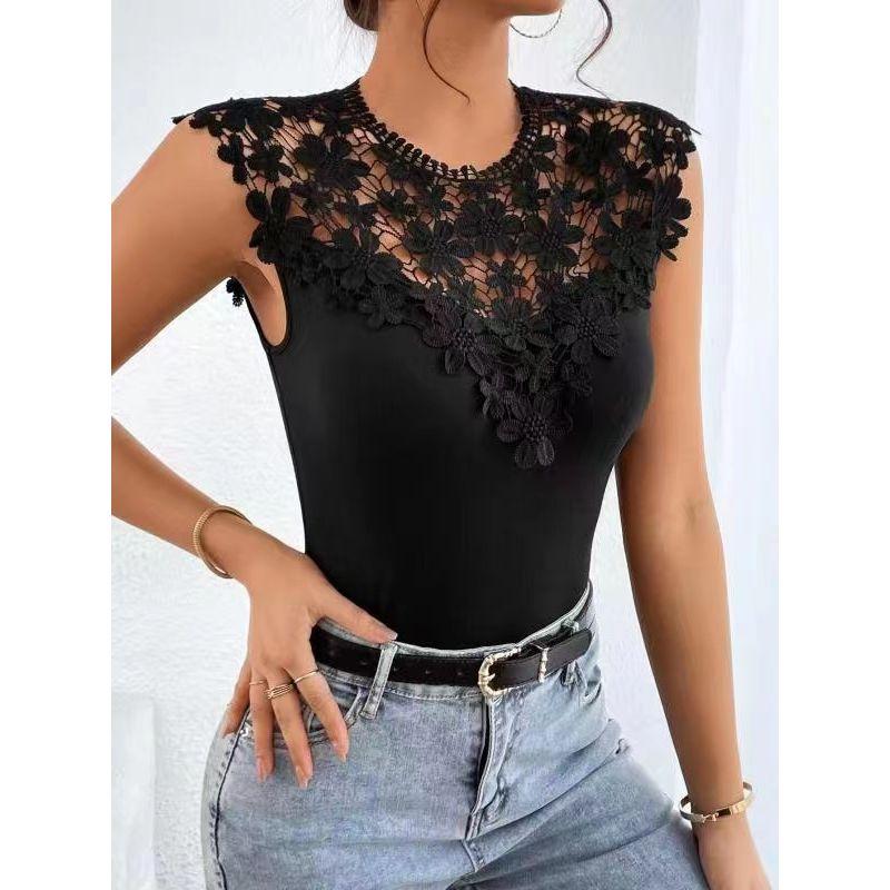 Summer New Arrival Women's Clothing Fashion Style Sleeveless Tops Sexy Silm Stretch Lace Patchwork T-shirt Black Slimming Thin