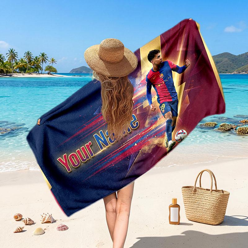 Asciugamano da Spiaggia Personalizzato Lamine Yamal, Stampa Testo Nome Personalizzato, Asciugamano Morbido ad Asciugatura Rapida con Logo Calcio, Regalo per le Vacanze