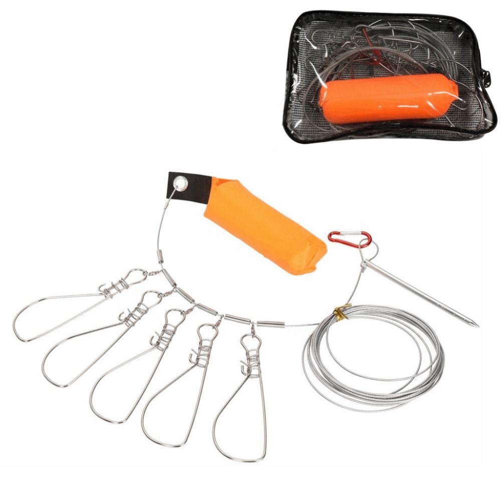 Portable Stainless Steel Fish Stringer with 5 Buckle Snaps 5m Length Fishing Lock Cable Orange Fishing Stringer Sea Fishing