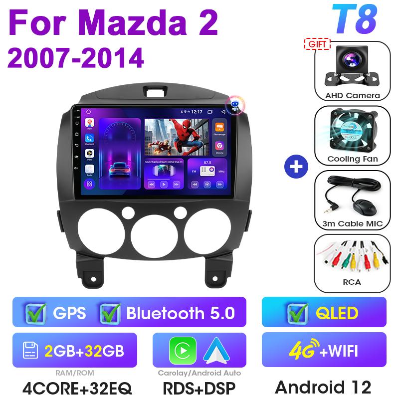 2 Din Car Radio For  MAZDA 2 Mazda2 2007-2014 Android 12 Multimedia Video Player Navigation GPS 4G Carplay Auto Stereo Head Unit