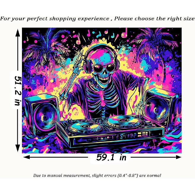 TUGCAY Blacklight Skull Tapestry UV Reactive Skeleton Tapestry Funny Music Tapestries Wall Hanging for Bedroom Dorm Party Decor (51.2 x 59.1 inches)