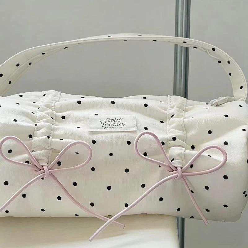 Korean Fashion Dot Pattern Fabric Pencil Bag Portable Multi-functional Stationery Pouch for Students Office Workers