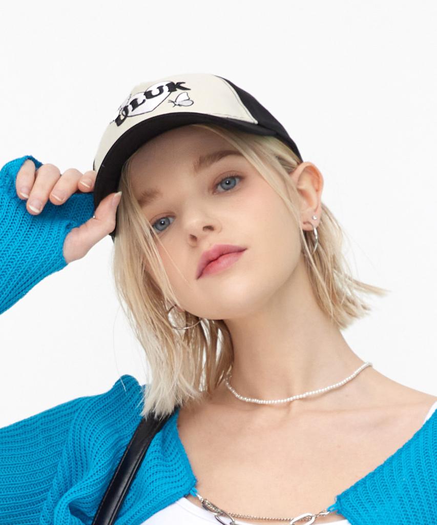 ULUK Heart Font Volume Embroidery Color Block Ball Cap_Black