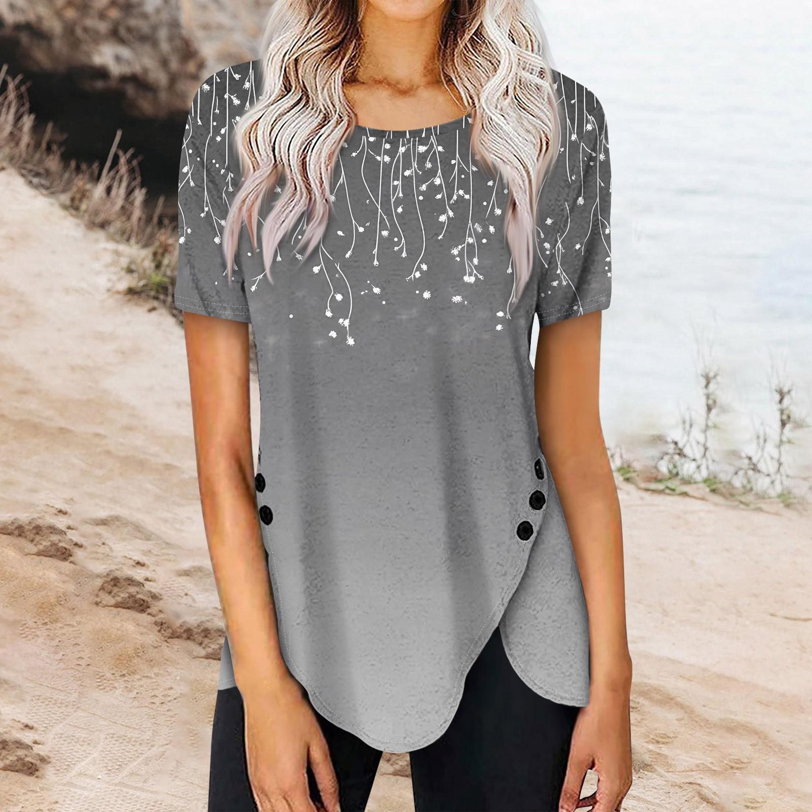 

Женская мода повседневная блузка с коротким рукавом и круглым вырезом с принтом на пуговицах сбоку XXXL