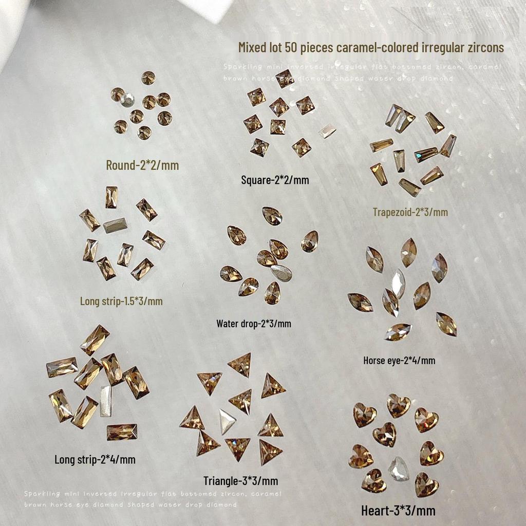Caramel Brown Sparkling Zirconia Nail Art Decorations: Mini Marquise, Water Drop, and Heart Shapes