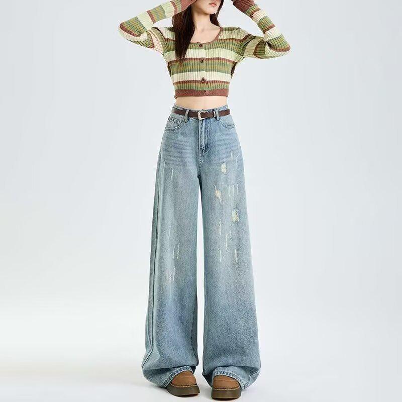 Women's High-Waisted Wide-Leg Jeans: Washed, Distressed, Slim-Fit, Hip-Covering, Floor-Length for Spring/Autumn