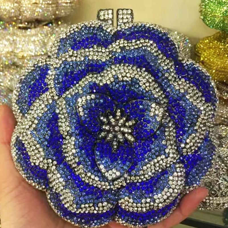 Blue Flower Diamond Multicolored Foral Evening Clutches Purse Luxury Crystal Women Metal Wedding Prom Handbags Rhinestone Bag