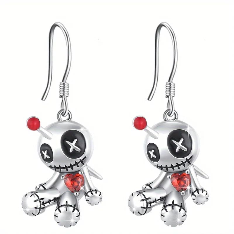 1 Pair Creative Funny Voodoo Doll Red Heart Pendant Earrings, Punk Cartoon Holiday Decoration Accessories, Halloween Gift
