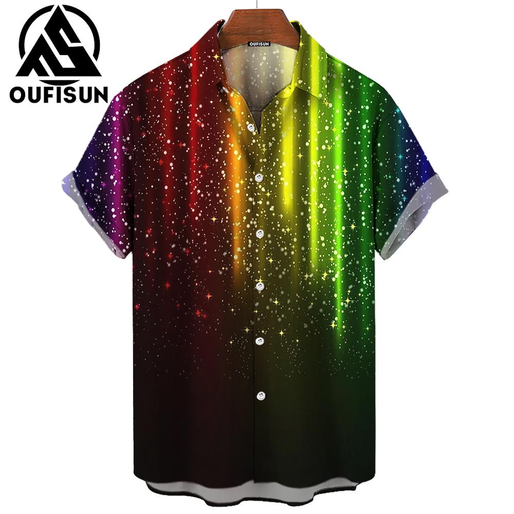Neue Sommermode Pride Month Party Regenbogendruck Herren Kurzarm Freizeithemd Tops Street Trend Party Übergroßes Hemd S-5XL