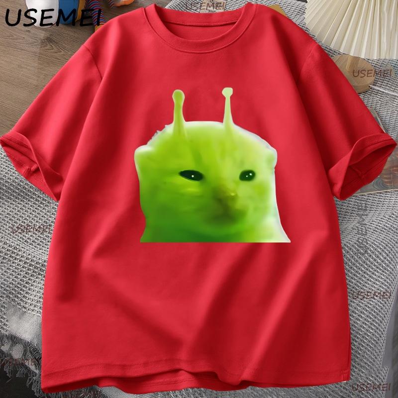 Green Alien Cat T Shirt Women Unisex Cat Meme Tee Glorp Gnarp Cat Brainrot Tshirt Silly Cute TShirt Loose Cotton Short Sleeve