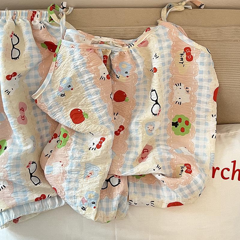 

Женский летний пижамный комплект: Милый топ-майка и топ с рукавом три четверти, 100% хлопок, круглый вырез, фактура облачный хлопок . M-L