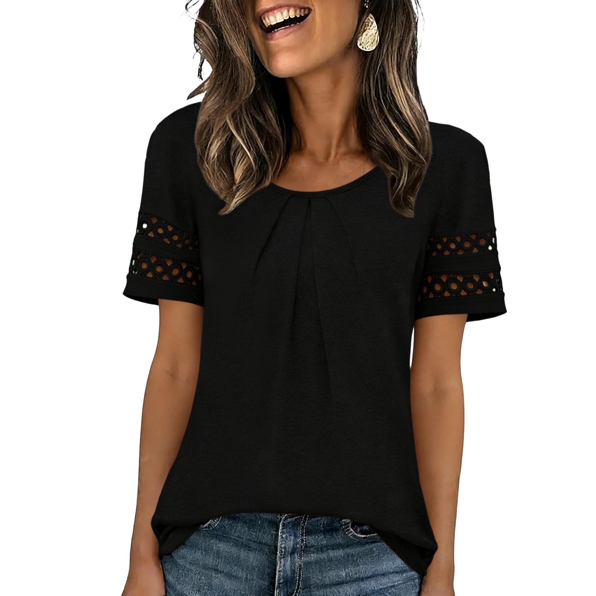 

Женские топы с коротким рукавом, повседневные блузки, футболки с круглым вырезом, летние XL чёрный