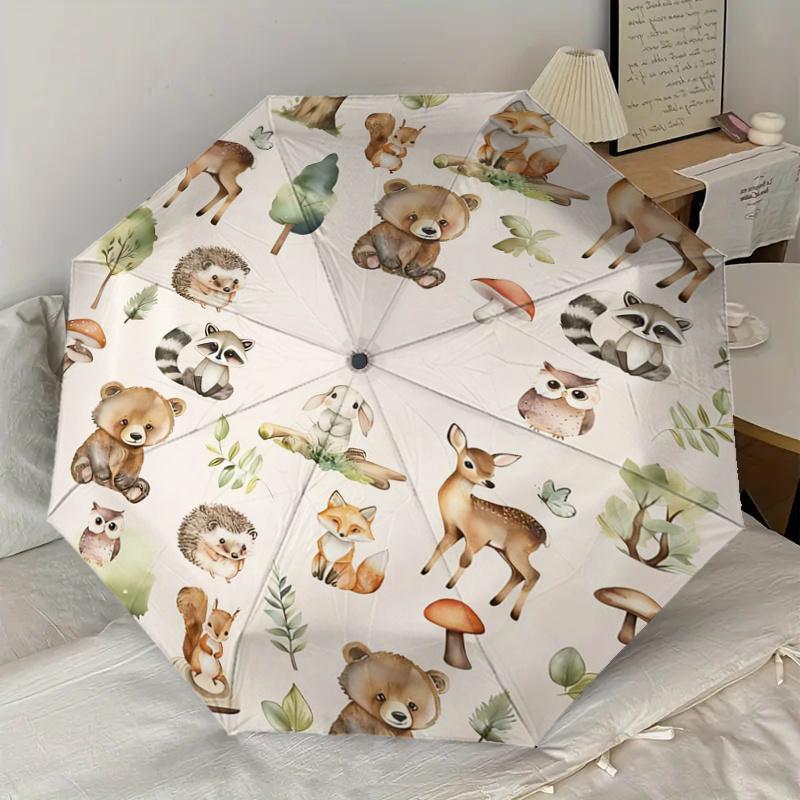 Woodland Animal Forest Friends - Automatic Opening Umbrella, Portable Tri-Fold Design, 8-Bone Iron Frame Outdoor Umbrella, Festival Gift for