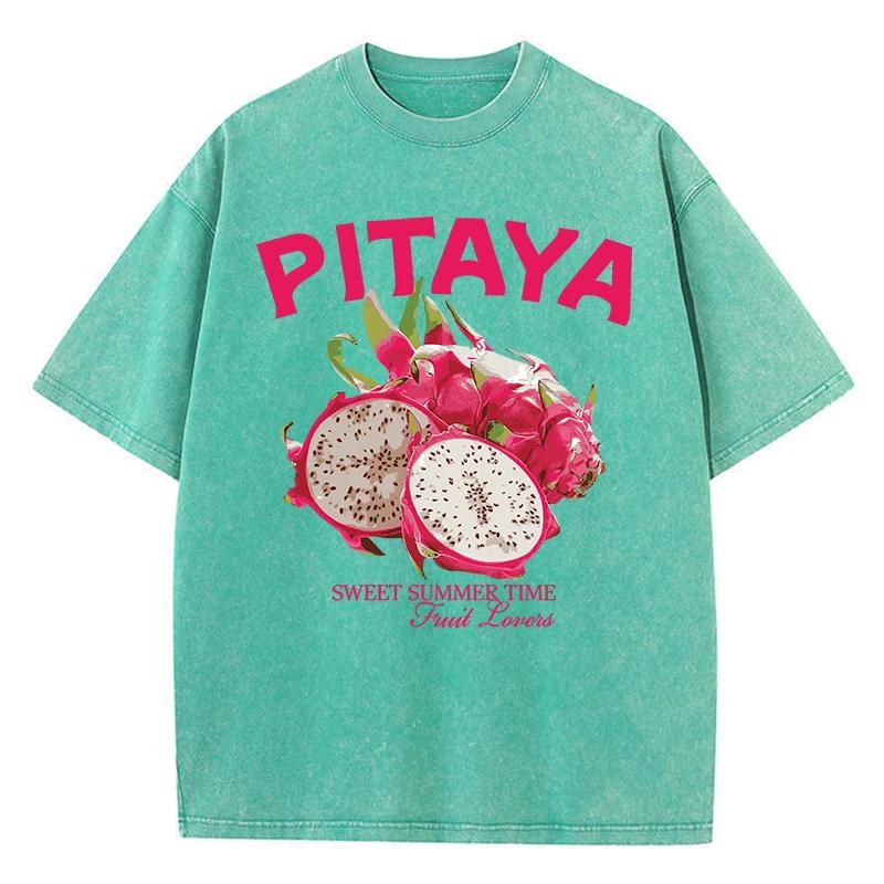 Vintage Woman Washed T-Shirts Fresh Pitaya Printing Tees Crewneck Distressed Cotton Oversize Short Sleeve Fashion Clothes