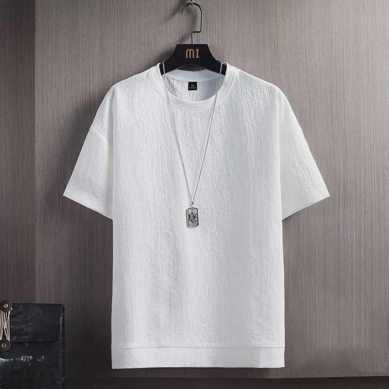 Pánské letní jednobarevné lněno-bavlněné tričko s krátkým rukávem