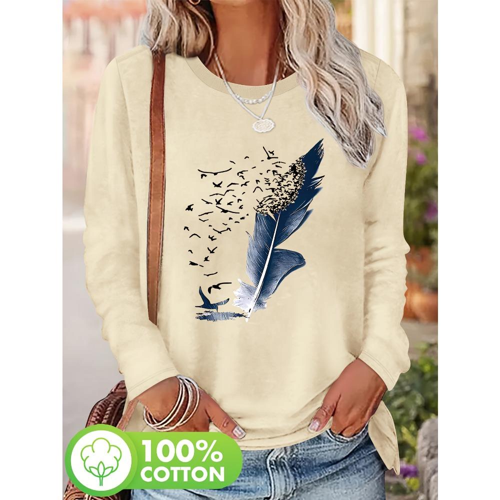 Women'S Cotton Long Sleeve T-Shirt Leaf and Birds Casual Top Fall Winter Fashion Ladies T Shirts Clothing Artistic Print Tee