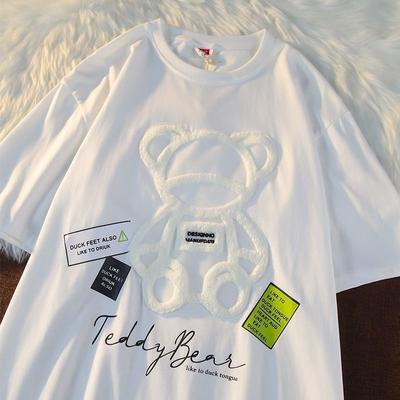 T-shirt a maniche corte da donna con orso ricamato T-shirt a maniche corte a cinque punte da studente allentata casual
