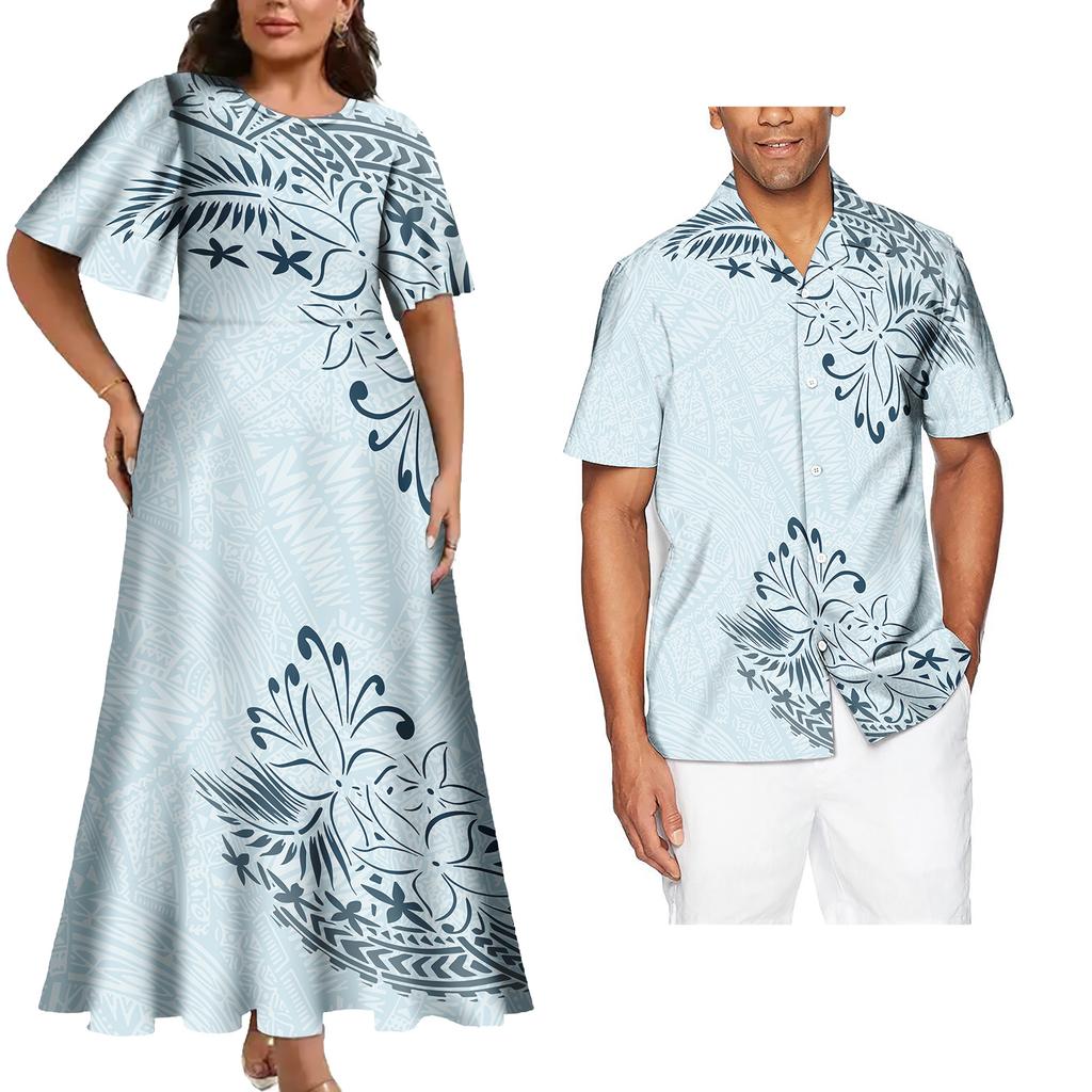 Tenues Assorties pour Couple Ensemble Deux Pièces Femme Robes de Soirée Assorties Chemises Homme Tenues de Couple Tribales Polynésiennes Samoa Personnalisées