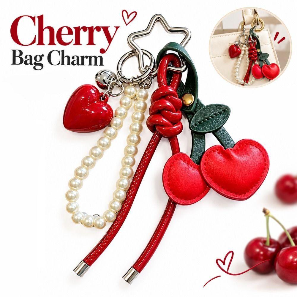 PU Leather Cherry Bag Charm Pearl Beads Cherry Key Ring Cherry Keychain Pendant Bag Decoration
