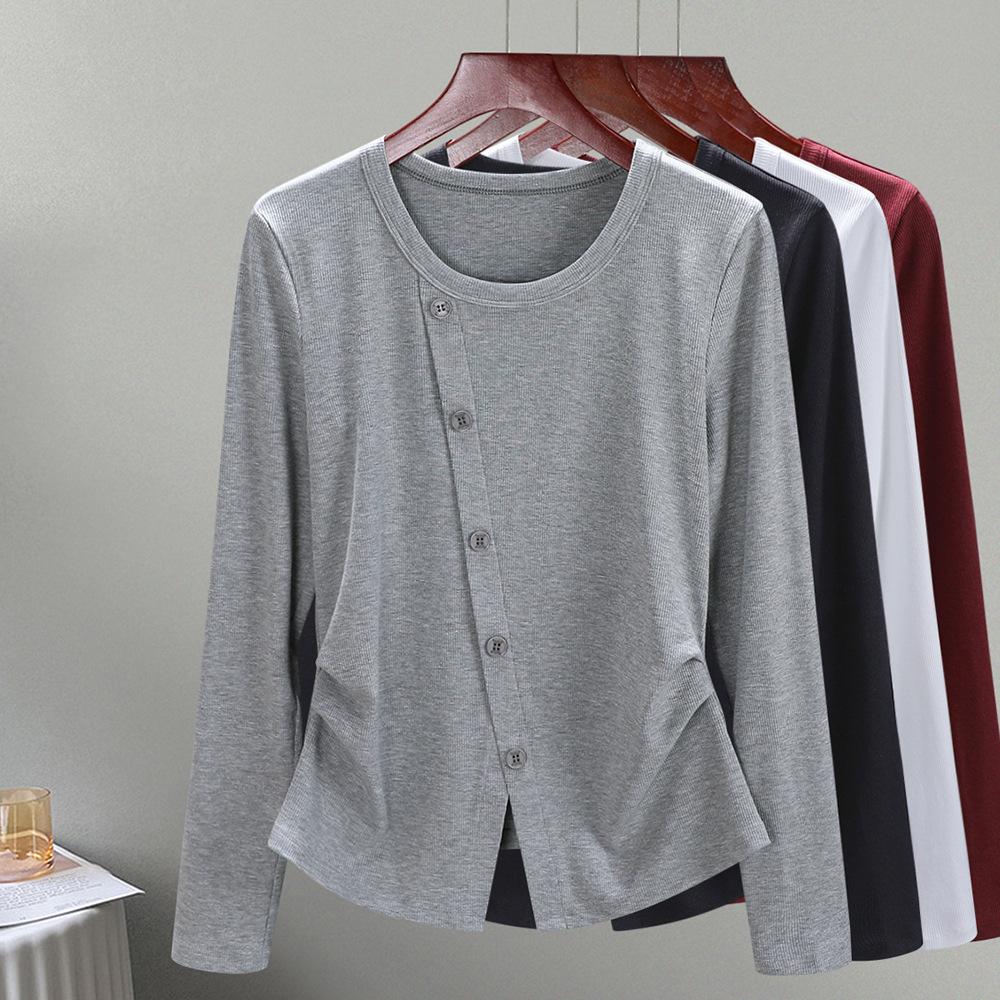 

Дизайнерский свитшот с круглым вырезом и нерегулярным длинным рукавом, женский осенний облегающий топ на пуговицах, универсальная базовая футболка XXXL