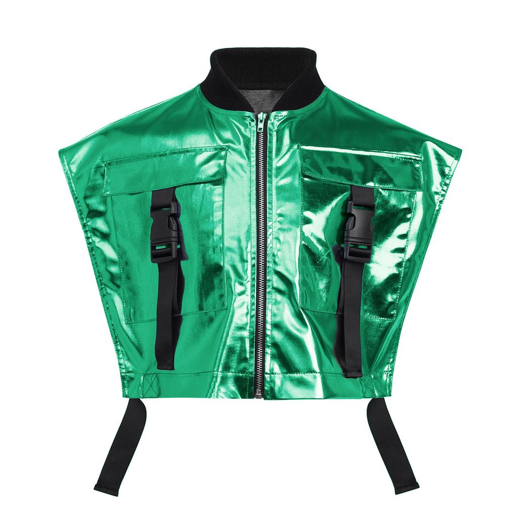Girls Shiny Metallic Vest Sides Open Sleeveless Zipper Jacket Buckle Pockets Jazz Dance Costume