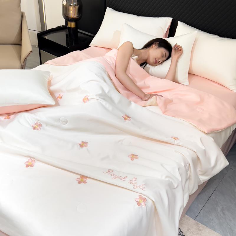 Washable Ice Silk Embroidered Summer Quilt Set - Four Pieces for Cool Comfort