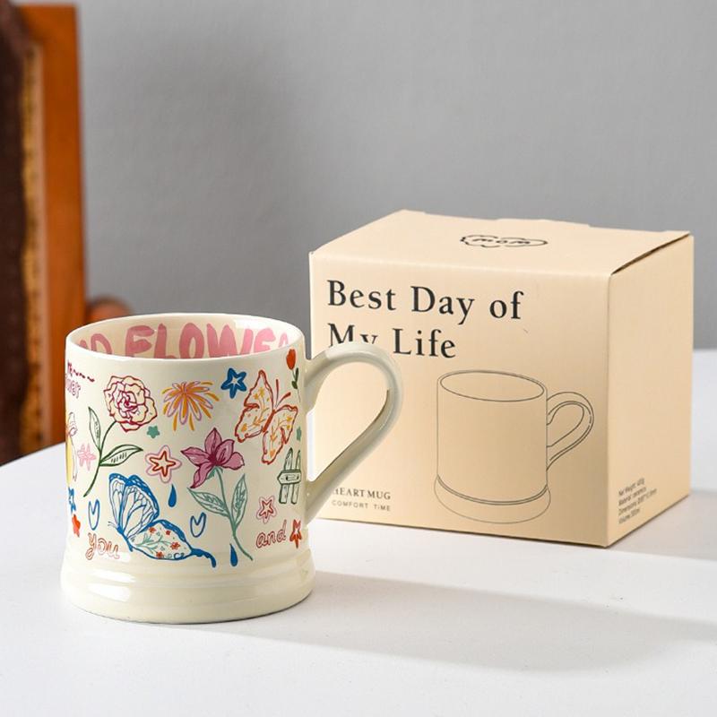 370ml French Flower Printed Mugs Creative Coffee Mug Drink Breakfast Milk Juice Cup Cute Graffiti Home Water Cup Drinkware Gifts
