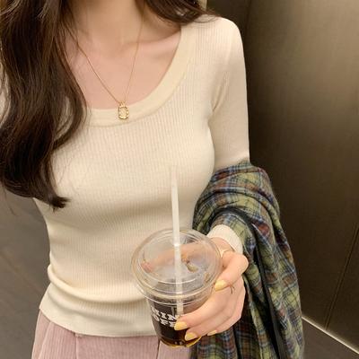 U-neck Straight Shoulder Solid Color Simple Long-sleeved T-shirt Women's Autumn and Winter New Slim Slim Fit Inner Knitted Bottoming Shirt