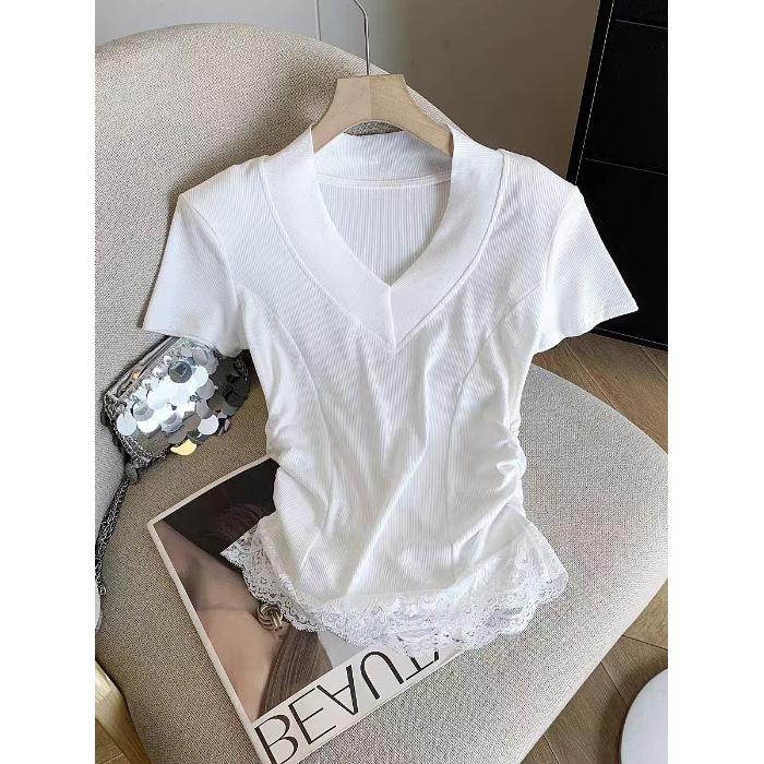 Summer small fragrant wind lace deep v-neck short-sleeved T-shirt for female spice girls to wear, waist and thin top ins