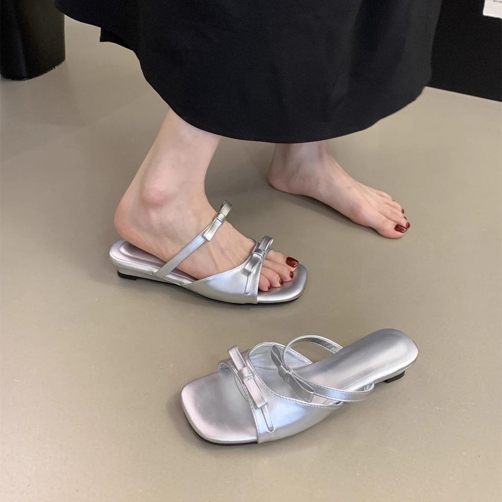 French wedge heel beautiful slippers women's summer wear 2025 new bow fairy sandals holiday with skirt cool slippers