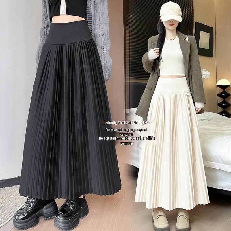 Maternity Woolen Pleated High-Waisted A-Line Long Skirt for Autumn/Winter 2026 L темно-серого
