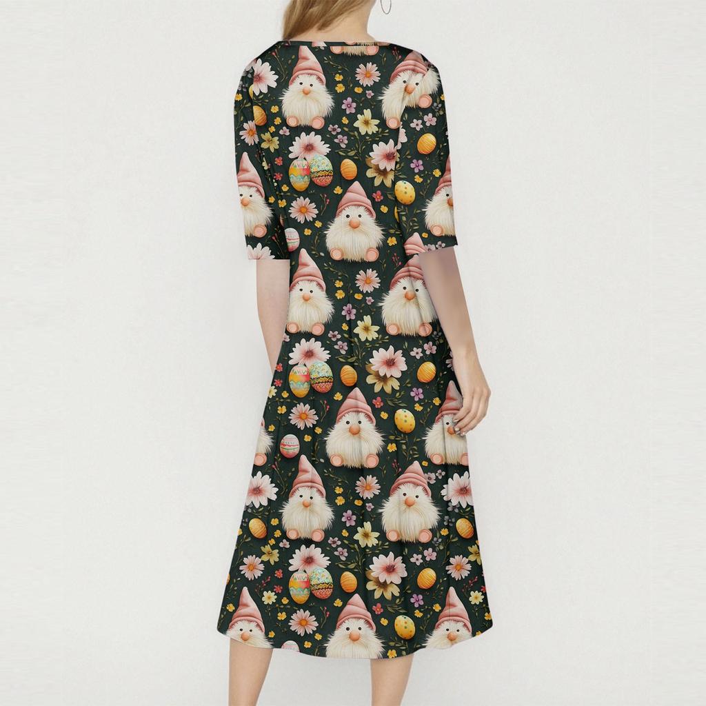 Dámské volné ležérní a módní šaty střední délky s potiskem, kulatým výstřihem a sedmčtvrtečními rukávy