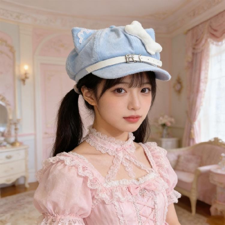 Fashion 2000s Cats Ear Beret Hat Soft Cotton Octagonal Hat for Women Girl Daily Outfit Anime Theme Headwear for Winter Wear