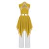 Praise Dance Costume for Kids Girls: Asymmetrical Sleeveless Metallic Dress & Comfortable Wide-Leg Pants with Elastic Waist