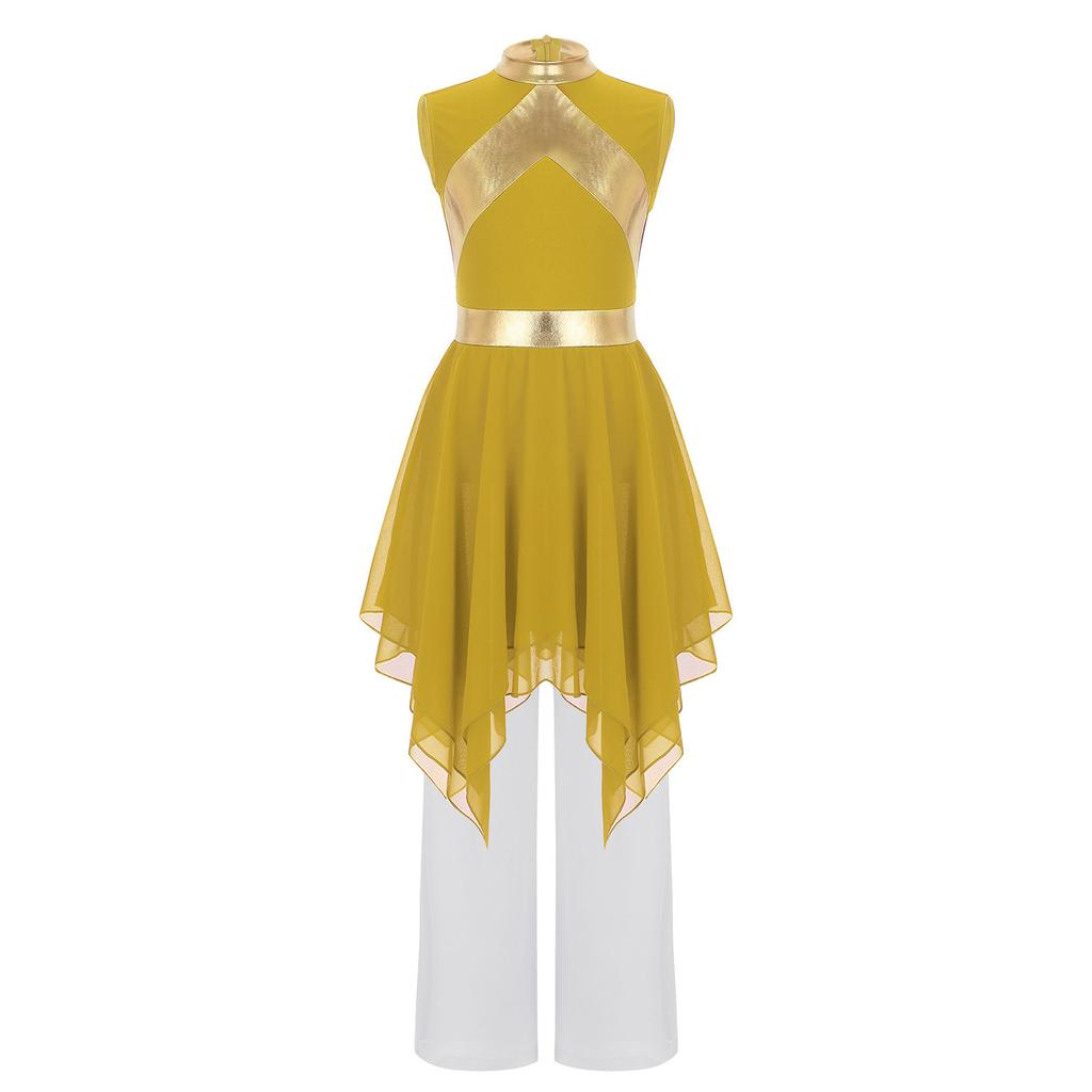 Praise Dance Costume for Kids Girls: Asymmetrical Sleeveless Metallic Dress & Comfortable Wide-Leg Pants with Elastic Waist
