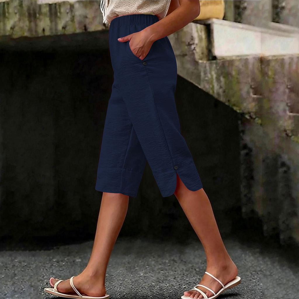 Pantaloni Caprid da Donna Vita Alta Casual Estivi con Tasca Laterale