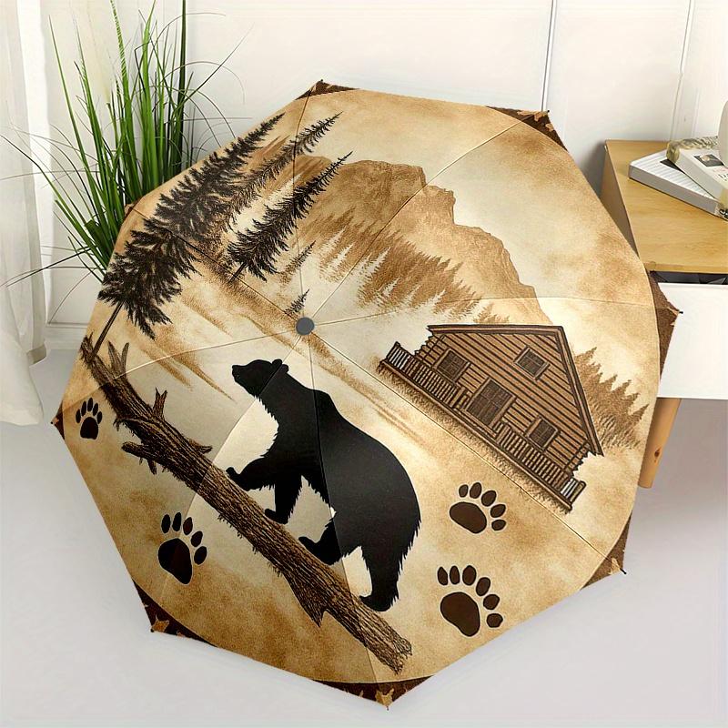 Woodland Retreat: Cabin & Bear Silhouette Decorative PlateUmbrella, Portable 3-Fold Compact Umbrella for Men & Women Gift