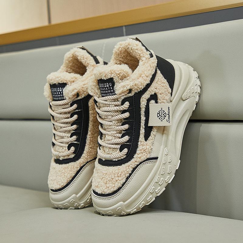 MCTIN Shoes for Women Winter Plush Chunky Sneakers Lace Up Casual Thick Soled Warm Shoes